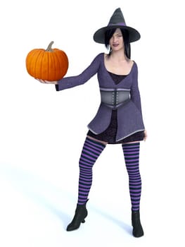 3D rendering of a cute pin-up witch dressed in purple clothes holding pumpkin. White background.