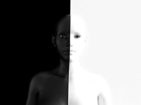 3D rendering of a woman half colored black and the other half white, blending in with the background, afraid to show her true colours. She is standing with her head against the wall and hiding like a wallflower.