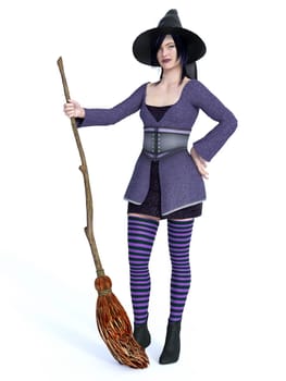 3D rendering of a cute pin-up styled witch dressed in purple clothes holding a broom. White background.