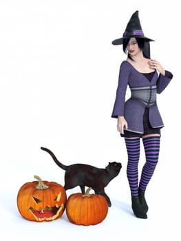 3D rendering of a cute pin-up styled witch dressed in purple clothes looking at a black cat. Two big pumpkins are beside her. White background.