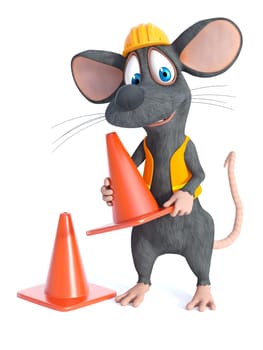 3D rendering of a cute cartoon mouse dressed as a construction woker, holding a traffic cone. White background.