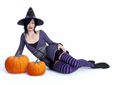 3D rendering of a cute pin-up styled witch dressed in purple clothes sitting on the floor with two big pumpkins in front of her. White background.
