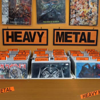 ATHENS, GREECE - APRIL 27, 2015: Heavy metal rock music vinyl records from the 1980s organized alphabetically and by popular bands.