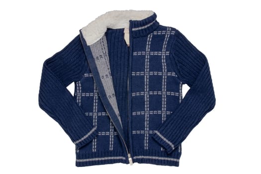 Autumn and winter children clothes. A cozy warm dark blue cardigan or jacket with a white checkered pattern for the little boy isolated on a white background. Kids spring fashion.