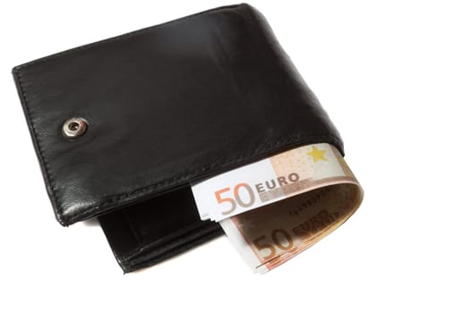 Black leather wallet with banknotes isolated on white background.