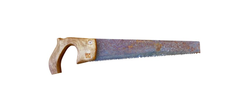 Old rusty hand saw close up. With clipping path