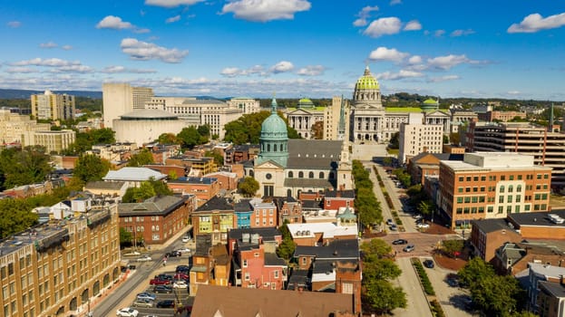 Early Morning light hits the buildings and downtown city center area in Pennsylvania state capital at Harrisburg