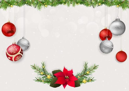 Christmas Background with Xmas Balls and Coniferous Decorations with Bokeh Effect - Abstract Illustration for Your Greeting Card and etc., Vector