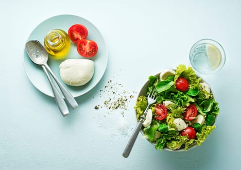 Healthy green salad with tomato and mozzarella cheese. Home made food. Concept for a tasty and healthy meal