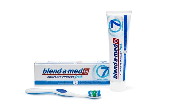 Chisinau, Moldova - October 20, 2019. Blend-A-Med toothpaste and Toothbrush,  made by Procter & Gamble. Isolated on white background