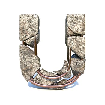 Concrete fracture font Letter U 3D render illustration isolated on white background
