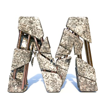 Concrete fracture font Letter M 3D render illustration isolated on white background