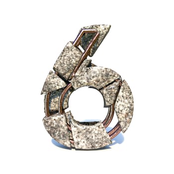 Concrete fracture font Number 6 SIX 3D render illustration isolated on white background
