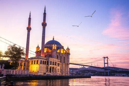 Famous Ortakoy Mosque at sunrise, Istanbul, Turkey.