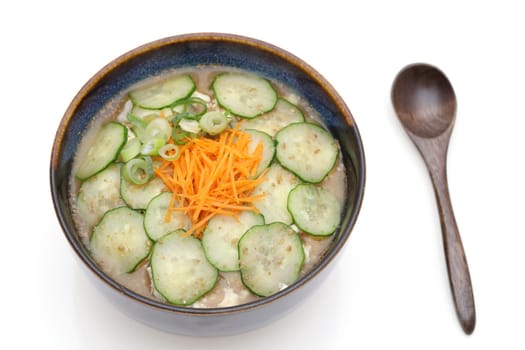 Japanese hiyajiru cold miso soup on white background