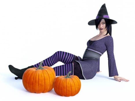3D rendering of a cute pin-up styled witch dressed in purple clothes sitting on the floor with two big pumpkins in front of her. White background.
