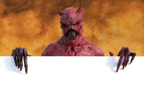 A mean looking demonic, red devil with horns standing and holding a blank sign with copyspace, 3D rendering. He is surrounded by fire like in hell.