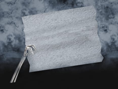 3D rendering of a skeleton hand coming out of the ground, holding a blank white wooden sign with copyspace. Smoky background.