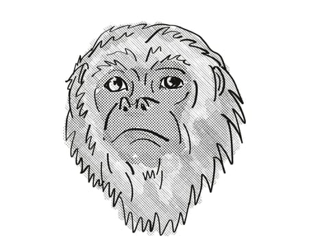 Retro cartoon style drawing head of a Yucatan Black Howler Monkey, a primate species viewed from front on isolated white background done in black and white