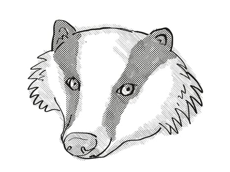 Retro cartoon style drawing of head of a Eurasian Badger on isolated white background done in black and white.
