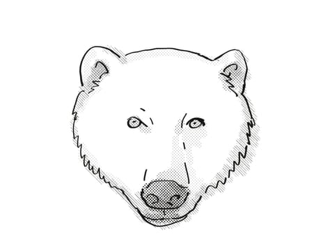 Retro cartoon style drawing of head of a Polar Bear on isolated white background done in black and white.