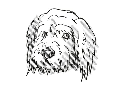 Retro cartoon style drawing of head of a Harrier Dog, a domestic canine breed on isolated white background done in black and white.