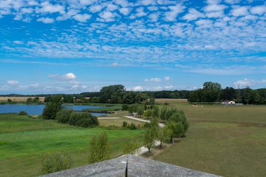 Panoramic view of the swimming, fishing and nature area Eixen lake. Shot from the lookout tower