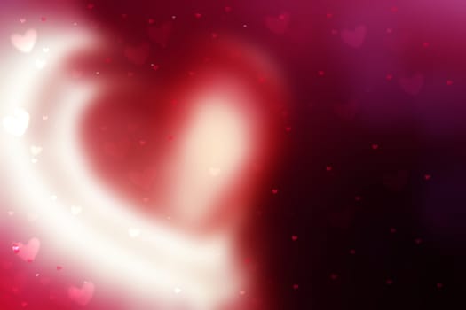 Happy Valentines or wedding day. Abstract love romantic holiday gradient purple pink background with white bokeh lights and hearts. Template for cards with space for your design. Beautiful texture.