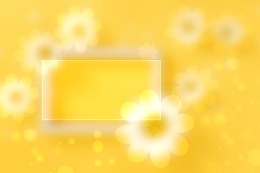 Abstract festive golden yellow background texture with beautiful flowers and a transparent empty frame for text. Made for valentine, wedding, invitation or other holidays. Template for card design.