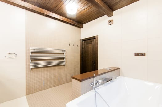 Russia, Moscow- May 29, 2019: interior room apartment. standard repair decoration in hostel. modern bathroom, sink, decoration elements, toilet