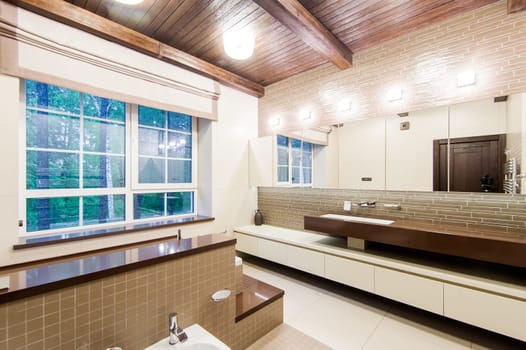 Russia, Moscow- May 29, 2019: interior room apartment. standard repair decoration in hostel. modern bathroom, sink, decoration elements, toilet