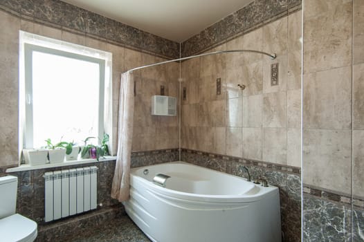 Russia, Moscow- May 29, 2019: interior room apartment. standard repair decoration in hostel. bathroom and toilet