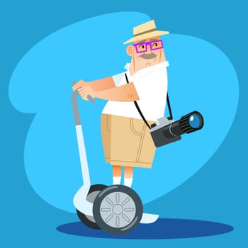 Retired old photographer tourist rides a Segway. The way travel
