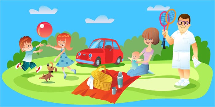 Family picnic. Dad plays badminton, Mamas got food and watching an infant brother and sister playing ball with the dog on the lawn of the car is worth