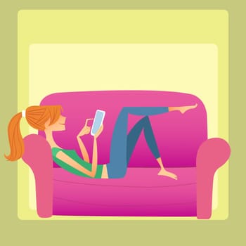 Girl at home lying on the sofa and reads the message in the phone, smiling