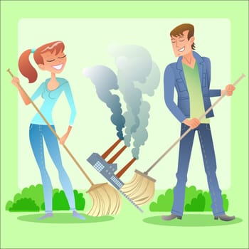 Environmental activists boy and girl clean green planet of garbage and air pollution