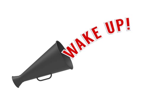 Megaphone on white background with pop-up caption 'Wake Up'. Concept of alarm or call to rouse from sleep, inactivity, apathy or depression and get ready for action.