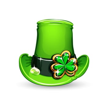 st.Patrick's Day's symbol emerald clover on hat. Isolated on white background.