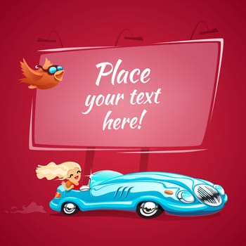 Sexy young lady drives a blue car. In the EPS file, each element is grouped separately.