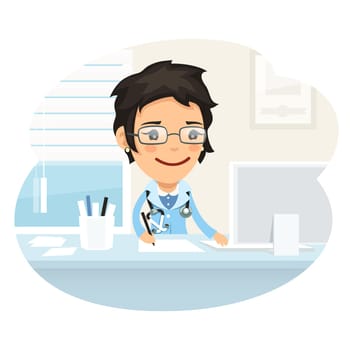 Woman Doctor Character Sitting at the Desk. Isolated on White Background. Clipping paths included in additional jpg format