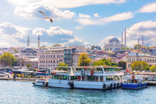 Istanbul sights view: the Eminonu pier, the Rustem Pasha Mosque and the Suleymaniye Mosque.