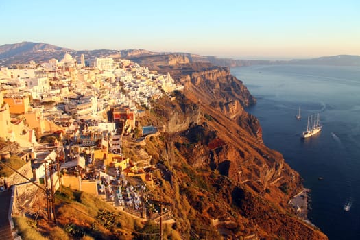 Santorini coastline at the sunset in Greece