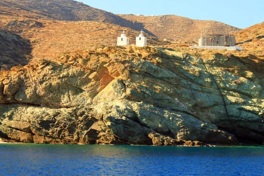 The twin churches on the cliff in Greece