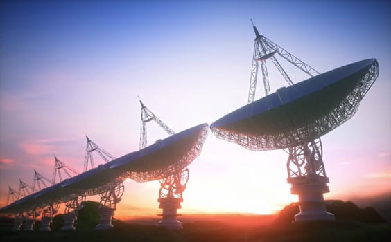 Alignment of giant satellite dishes for signal. 3D illustration, concept of science and technology of communication.