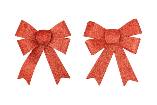 Set of red color decorative shiny glitter paper bow isolated