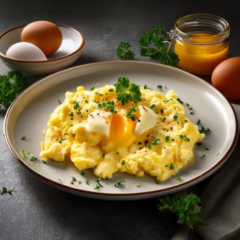 Oeuf Brouille features soft and fluffy scrambled eggs enhanced with butter and fresh herbs served warm for breakfast or brunch.