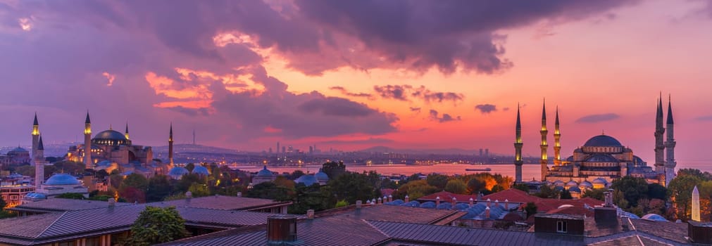 Istanbul sunset, beautiful panorama of the Hagia Sophia and the Blue Mosque, Turkey.