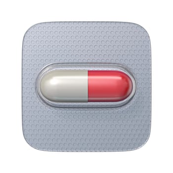 Single red pill in blister pack 3D render illustration isolated on white background