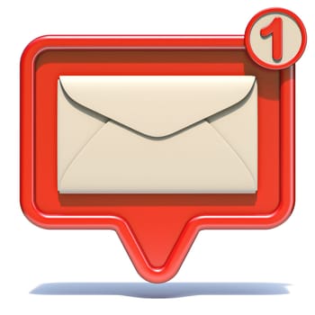 Notification icon with envelope and number one 3D render illustration isolated on white background