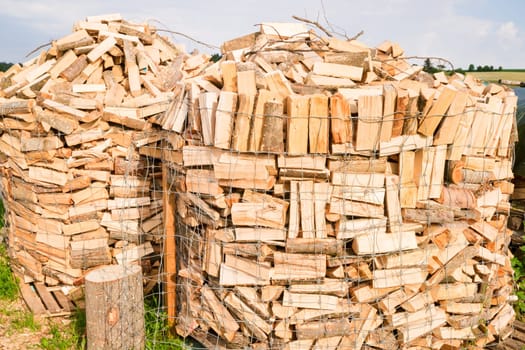 Logs in a metal grid cage on a lumber yard